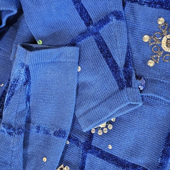 Size 3X Winter Snowflake Blue Sweater Cardigan Beaded Sequins Checkered Knit VTG - Picture 10 of 14